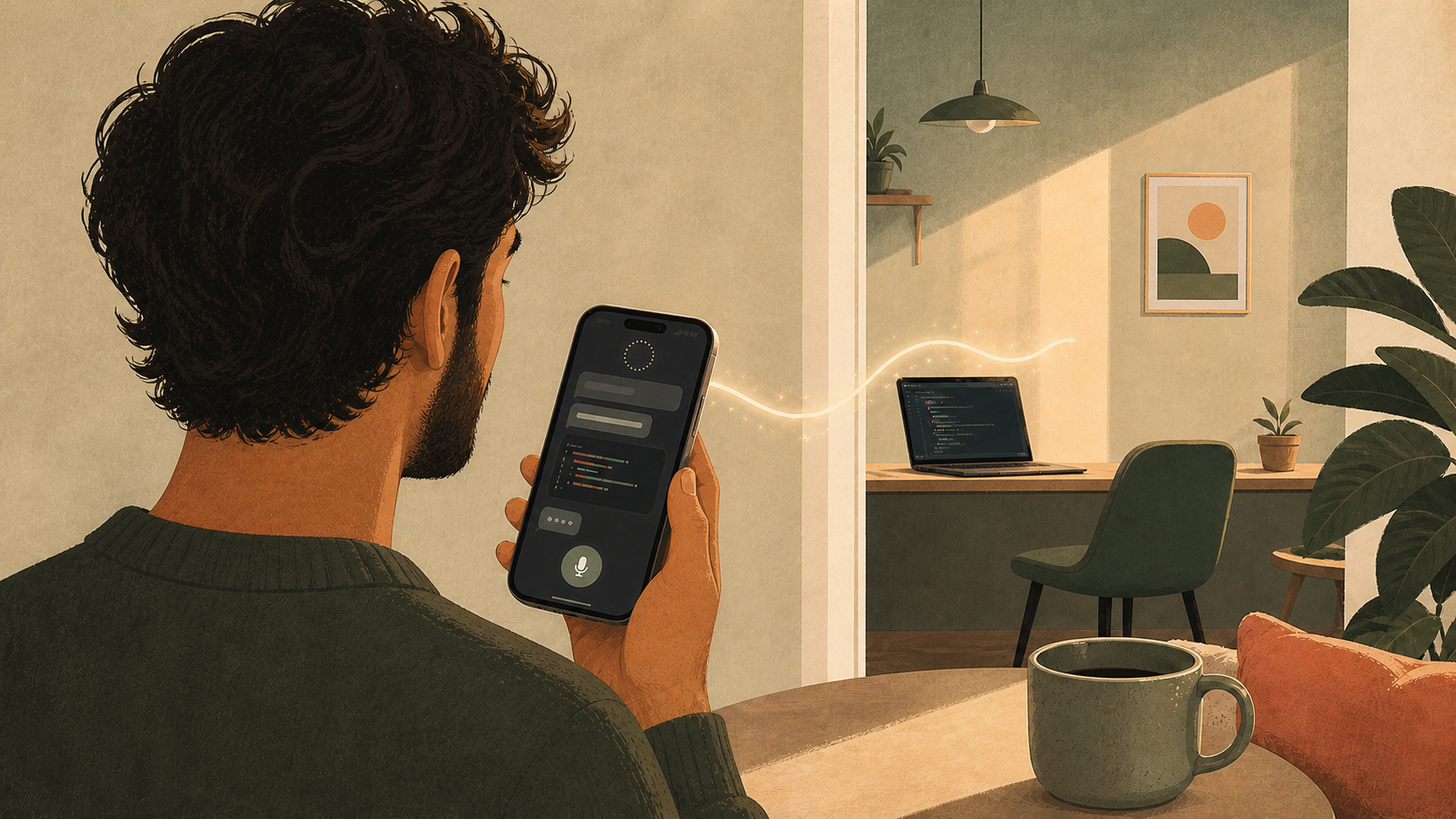 Illustration of someone sending Codex a voice note from an iPhone while a Mac works in the background.